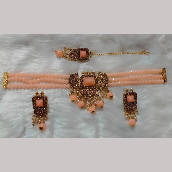 Neetu Art Gold Plated Crystal Stone Choker Necklace Set With Maangtikka