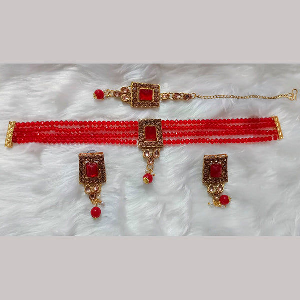 Neetu Art Gold Plated Crystal Stone Choker Necklace Set With Maangtikka