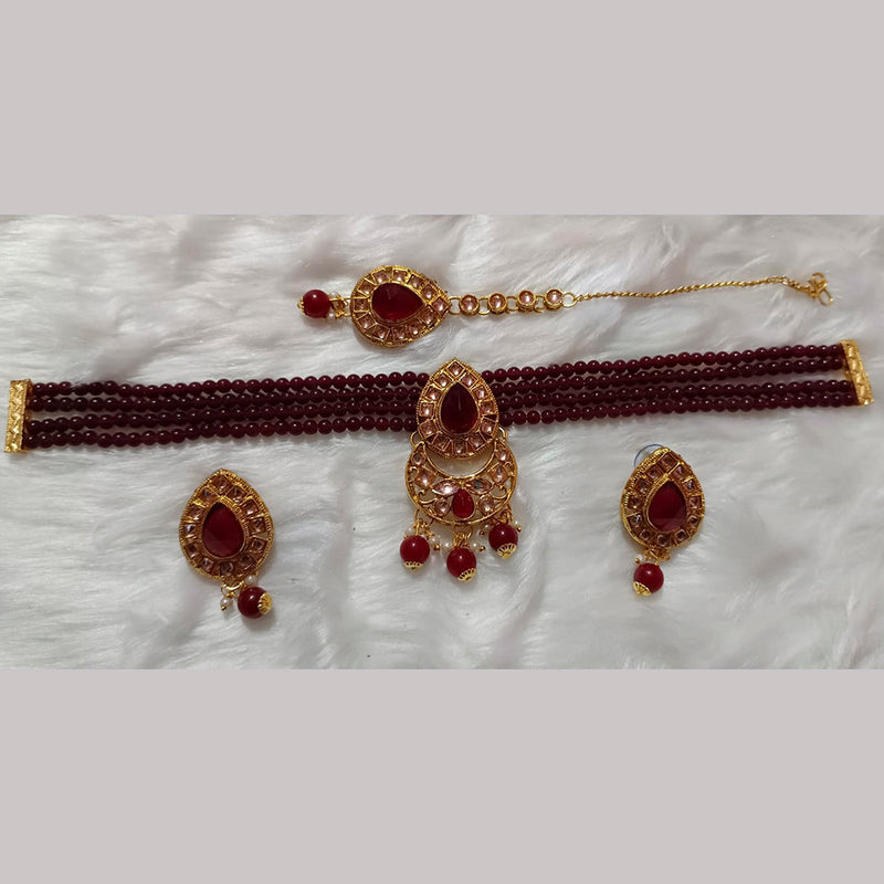 Neetu Art Gold Plated Crystal Stone Choker Necklace Set With Maangtikka