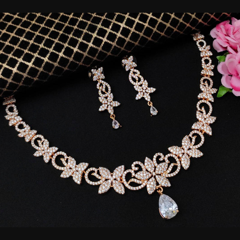 Dazzling Baby Pink Gem Rose Gold Necklace Set - Nikhar Jewellery