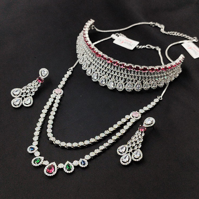 Manisha Jewellery Silver Plated AD Double Necklace Set