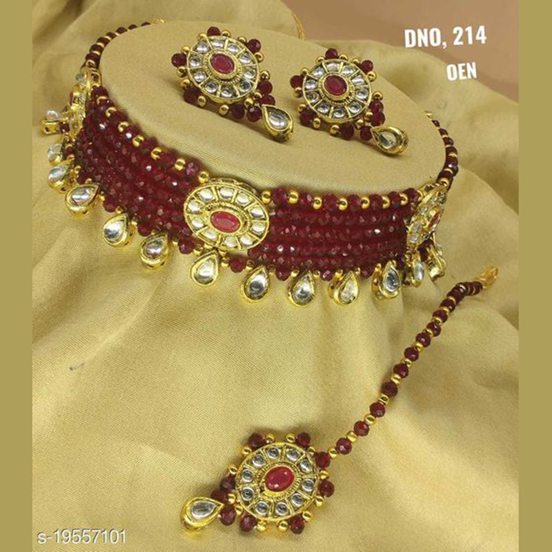 Lucentarts Jewellery Kundan Stone & Beads Gold Plated Necklace Set