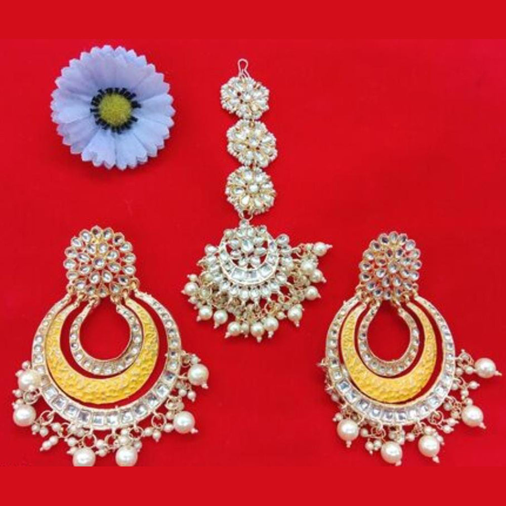 Zeneme Rose Gold Plated Red Round AD-Studded Maang Tikka And Chandelier  Earrings Set