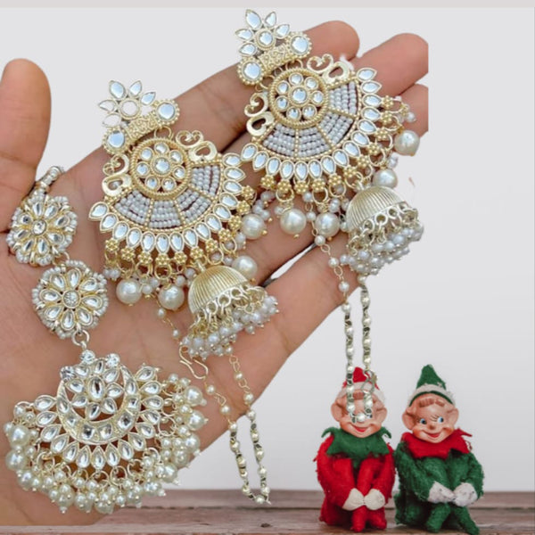 Lucentarts Jewellery Gold Plated Kundan Stone & Beads Kanchain Earrings With Mangtikka