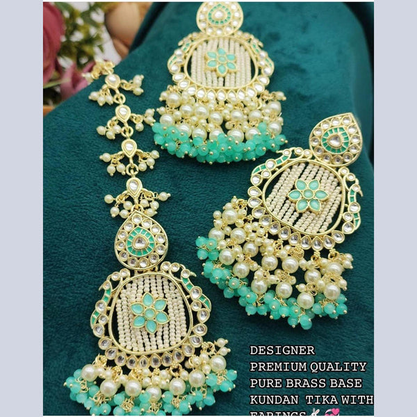 Lucentarts Jewellery Gold Plated Kundan & Beads Earrings With Maangtikka