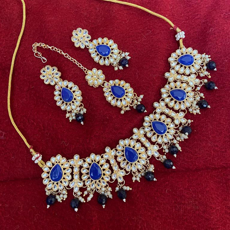 Golden Blue Stone Studded Kundan Necklace Set 146JW17