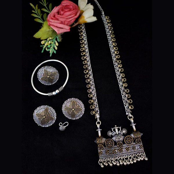 Vaamika 2 Tone Plated Long Necklace Set With Nose Pin , Ring , Kada - 10601003