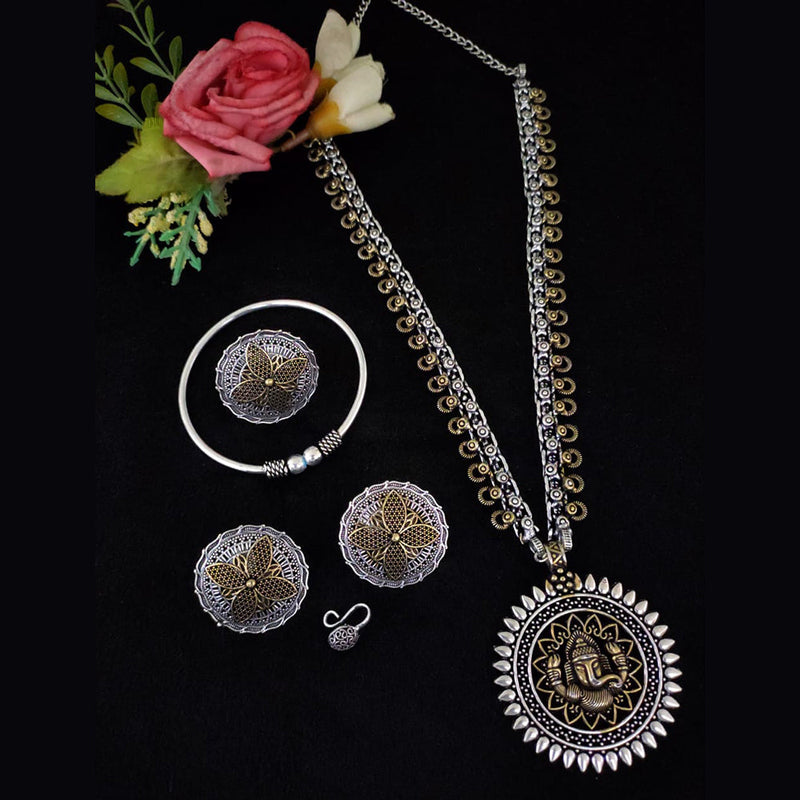 Vaamika 2 Tone Plated Long Necklace Set With Nose Pin , Ring , Kada - 10601004