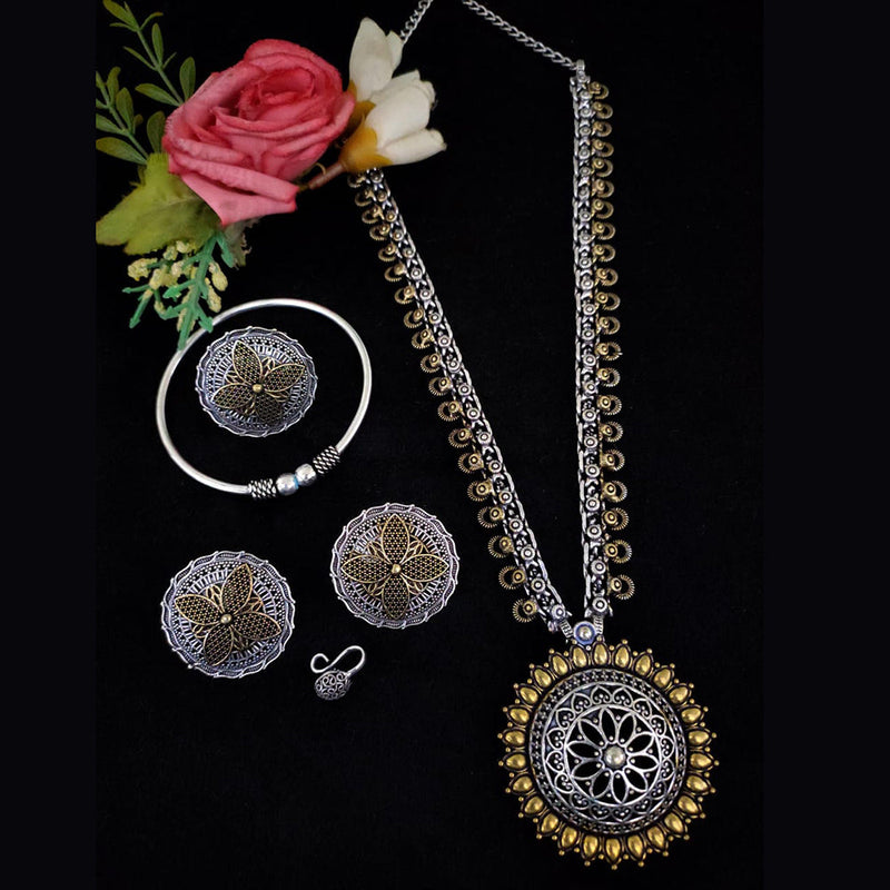 Vaamika 2 Tone Plated Long Necklace Set With Nose Pin , Ring , Kada - 10601005