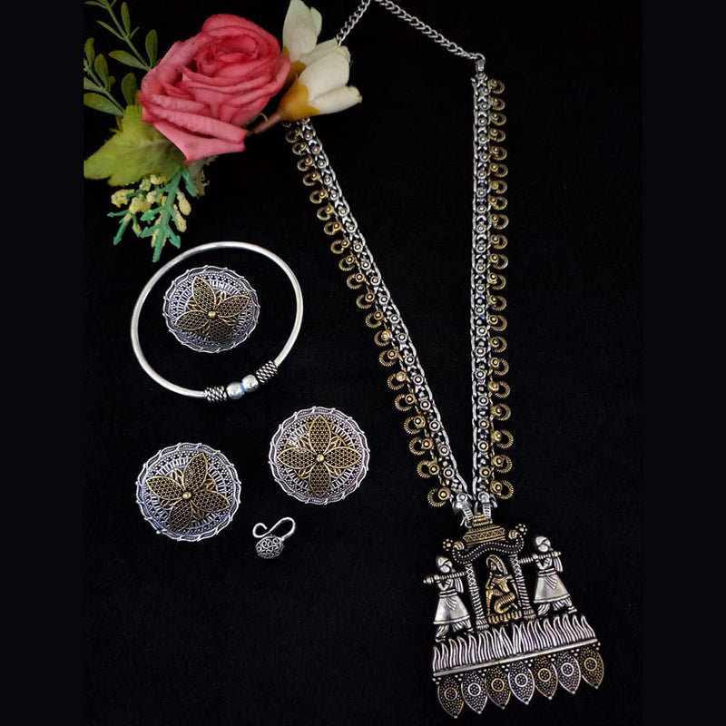 Vaamika 2 Tone Plated Long Necklace Set With Nose Pin , Ring , Kada - 10601006