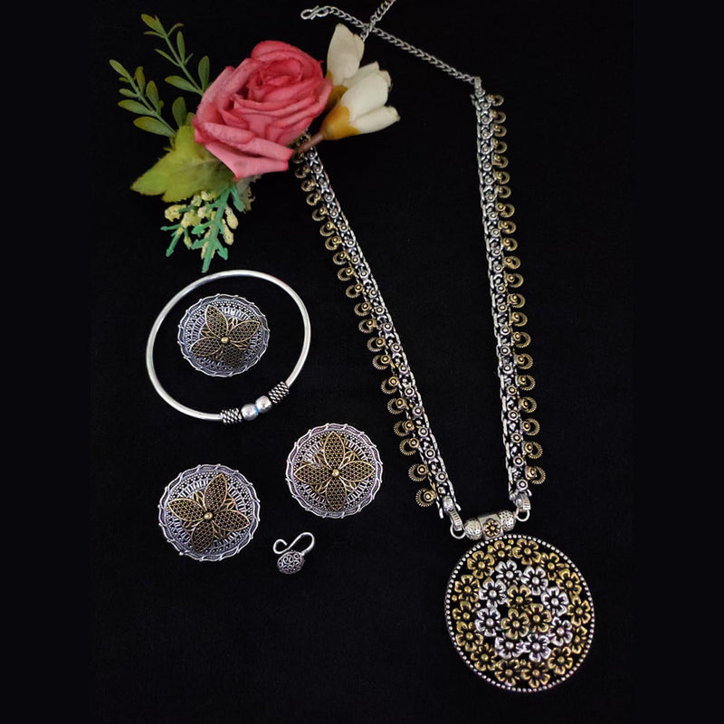 Vaamika 2 Tone Plated Long Necklace Set With Nose Pin , Ring , Kada - 10601009