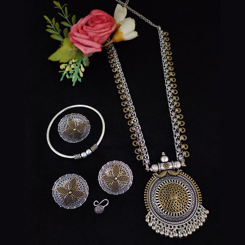 Vaamika 2 Tone Plated Long Necklace Set With Nose Pin , Ring , Kada - 10601010