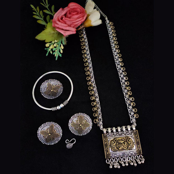 Vaamika 2 Tone Plated Long Necklace Set With Nose Pin , Ring , Kada - 10601011