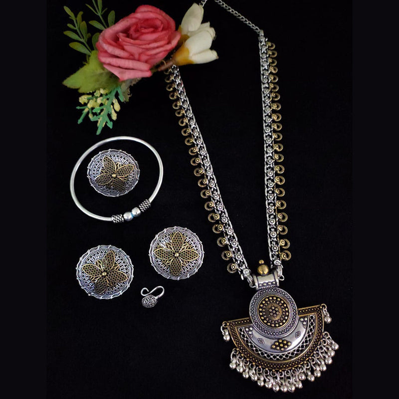 Vaamika 2 Tone Plated Long Necklace Set With Nose Pin , Ring , Kada - 10601013