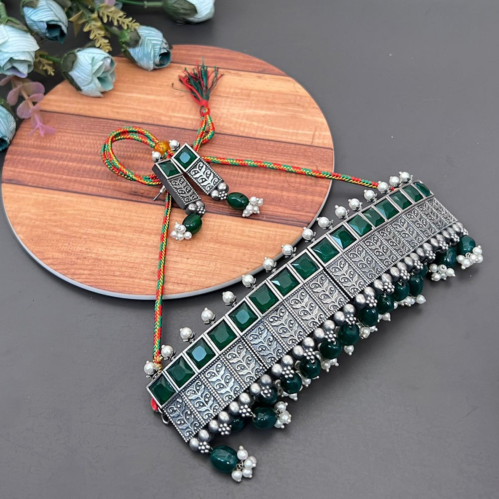 Vaamika Silver Plated Beads & Ad Stone Necklace Set