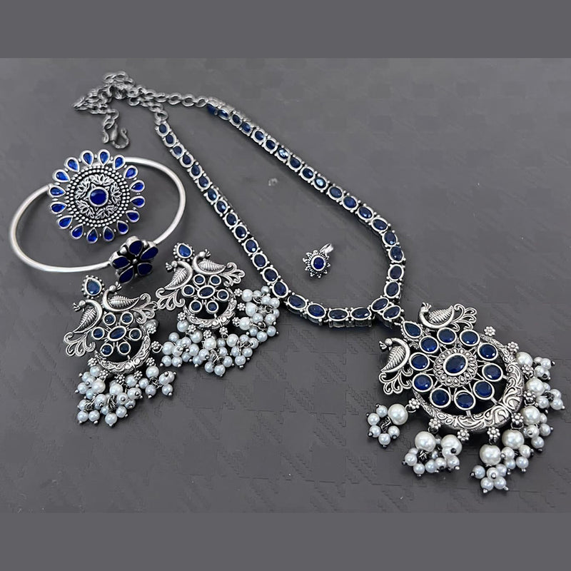 Vaamika Silver Plated Long Necklace Set With Nose Pin , Ring , Kada - 10601014