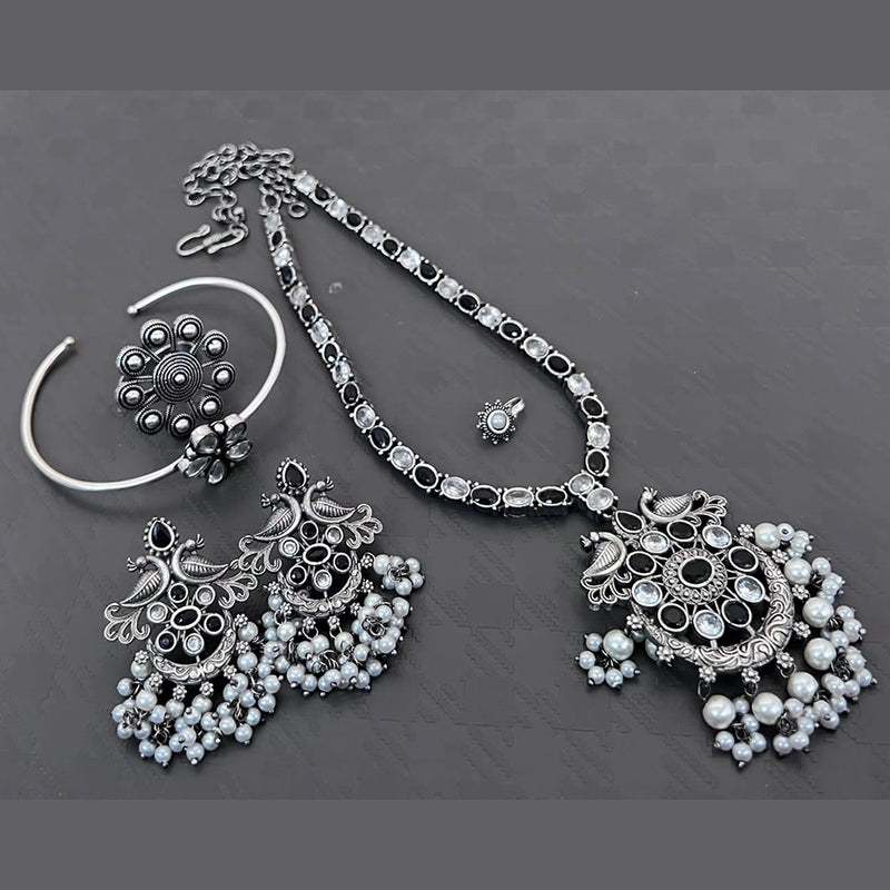 Vaamika Silver Plated Long Necklace Set With Nose Pin , Ring , Kada - 10601014