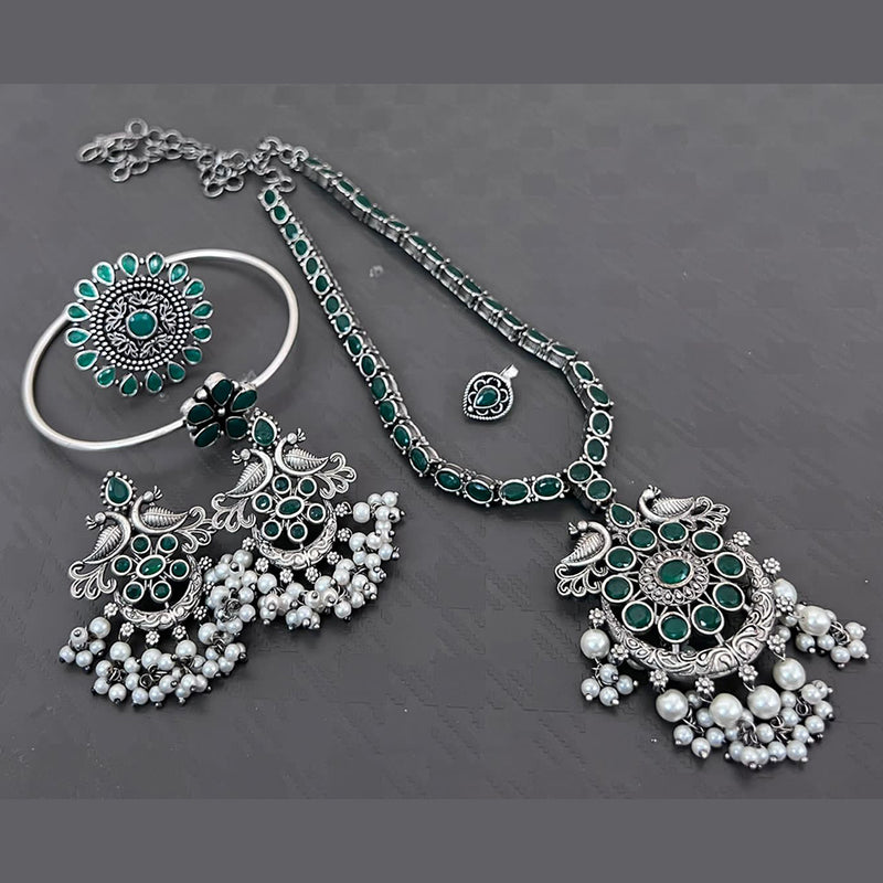 Vaamika Silver Plated Long Necklace Set With Nose Pin , Ring , Kada - 10601014