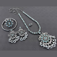 Vaamika Silver Plated Long Necklace Set With Nose Pin , Ring , Kada - 10601014
