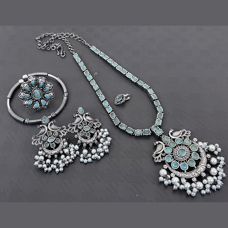 Vaamika Silver Plated Long Necklace Set With Nose Pin , Ring , Kada - 10601014