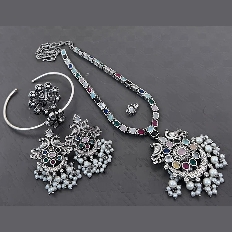 Vaamika Silver Plated Long Necklace Set With Nose Pin , Ring , Kada - 10601014