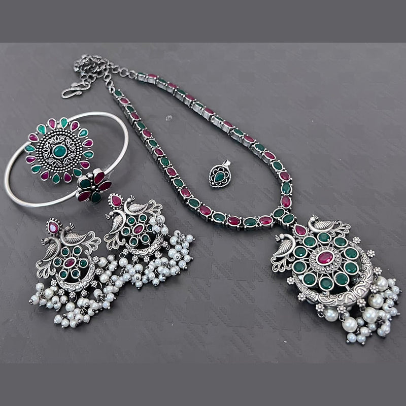 Vaamika Silver Plated Long Necklace Set With Nose Pin , Ring , Kada - 10601014