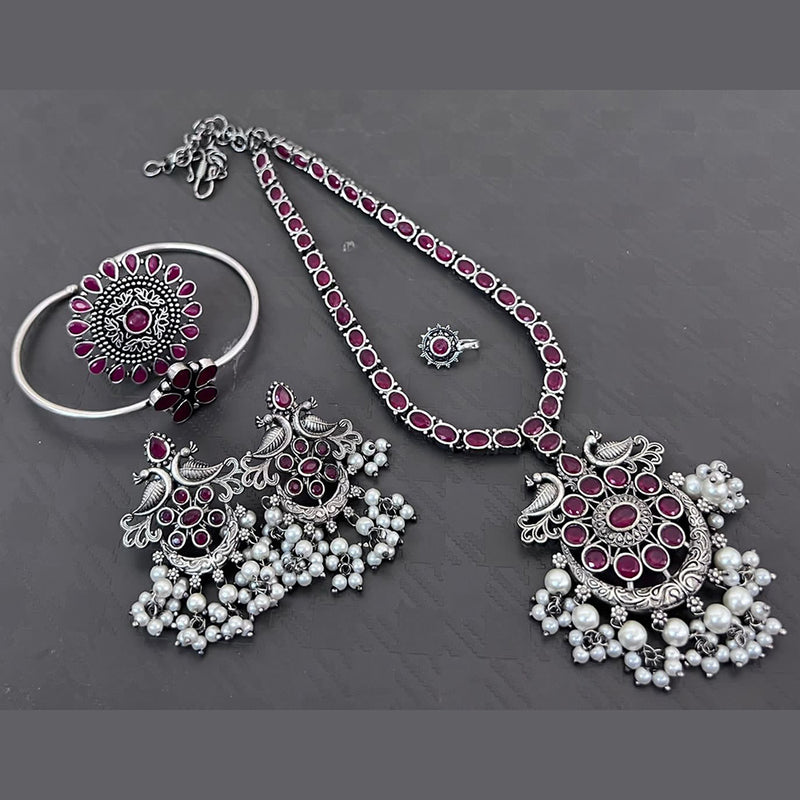 Vaamika Silver Plated Long Necklace Set With Nose Pin , Ring , Kada - 10601014