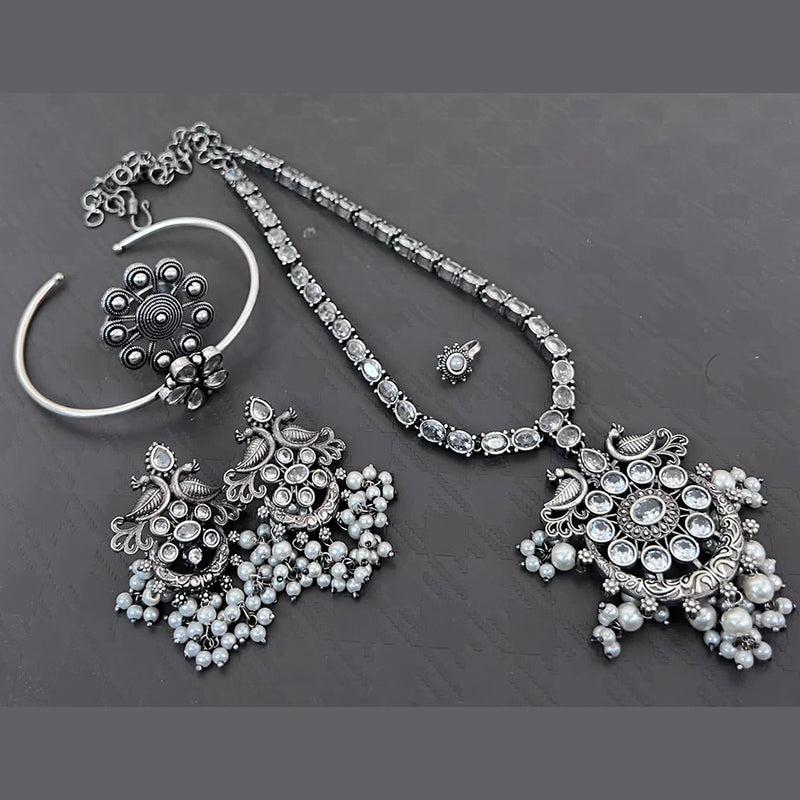 Vaamika Silver Plated Long Necklace Set With Nose Pin , Ring , Kada - 10601014