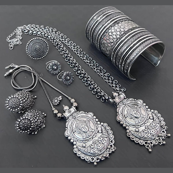 Vaamika Silver Plated Choker & Long Necklace Set With Nose Pin , Ring , Kada , Toe Ring