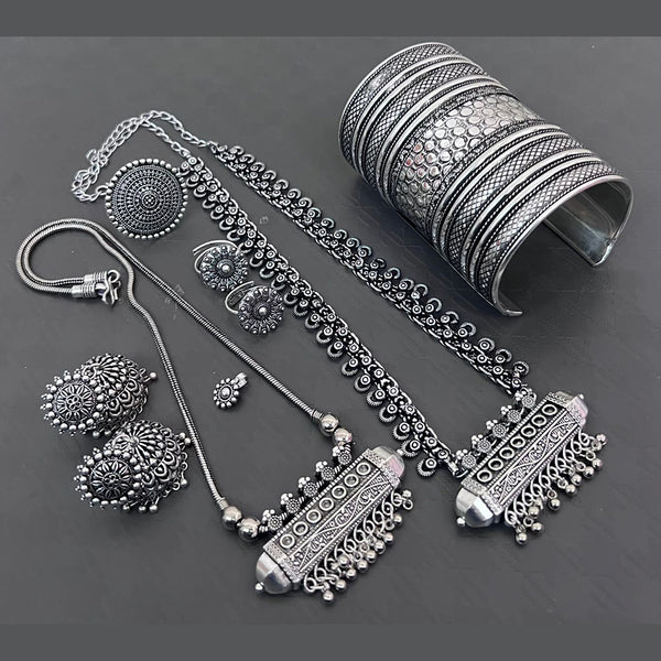 Vaamika Silver Plated Choker & Long Necklace Set With Nose Pin , Ring , Kada , Toe Ring