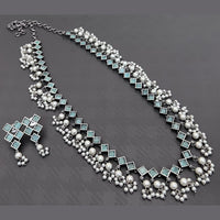 Vaamika Oxidised Plated Pota Stone Long Necklace Set