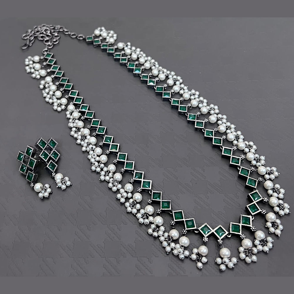 Vaamika Oxidised Plated Pota Stone Long Necklace Set