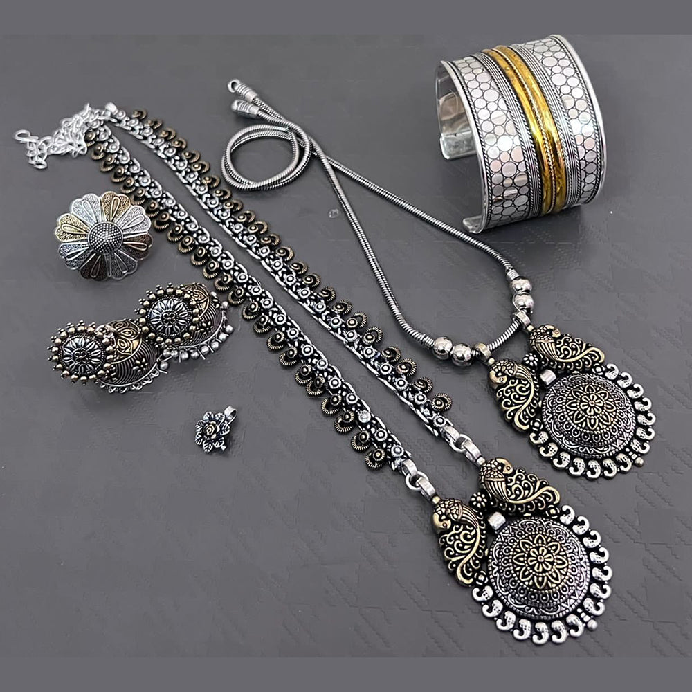 Vaamika 2 Tone Plated Choker & Long Necklace Set With Nose Pin , Ring , Kada