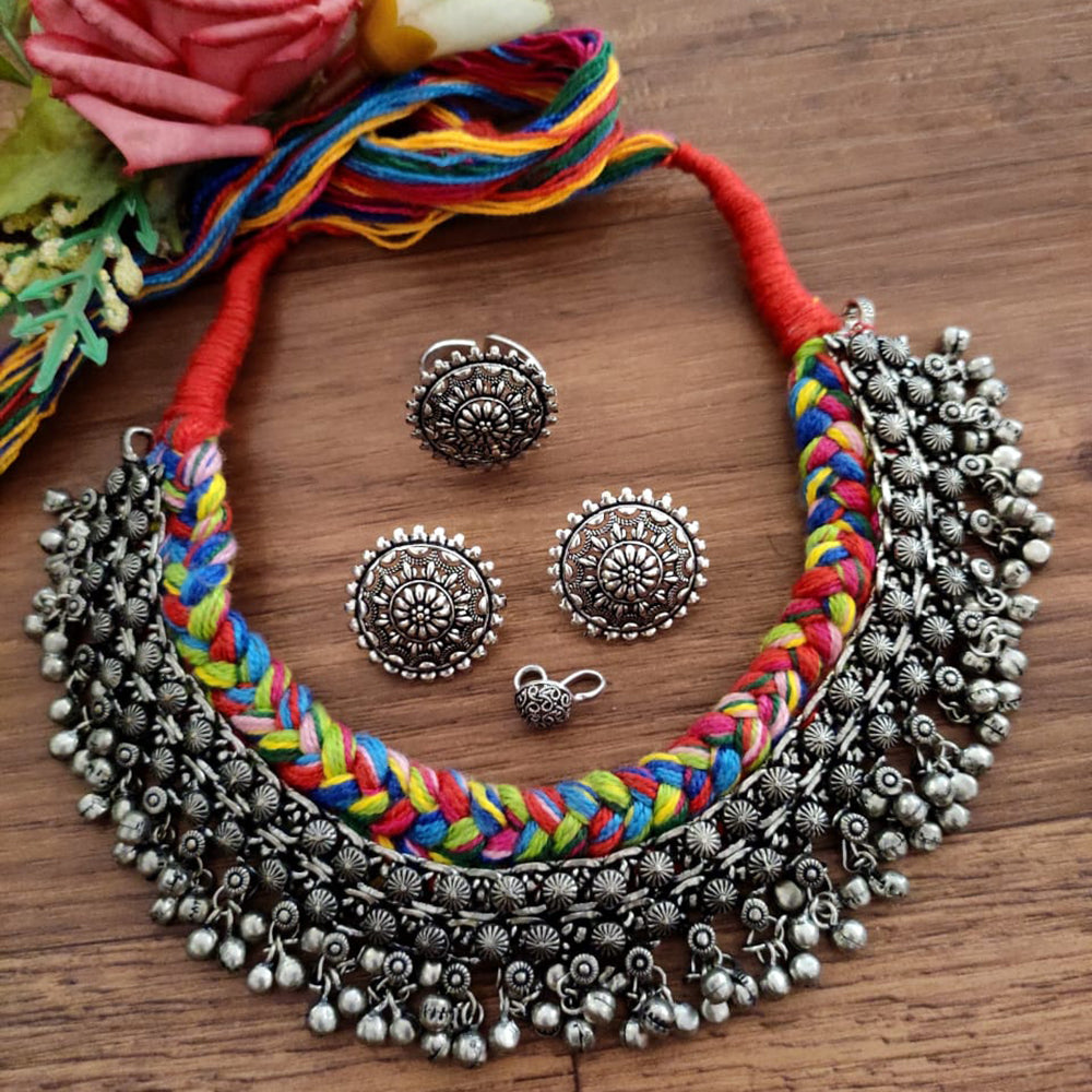 Vaamika Oxidized Plated Choker Necklace Set With , Ring , Nose Ring