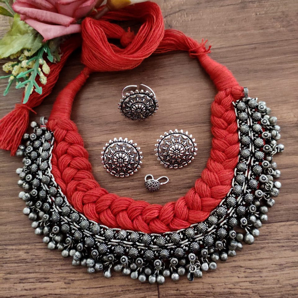 Vaamika Oxidized Plated Choker Necklace Set With , Ring , Nose Ring