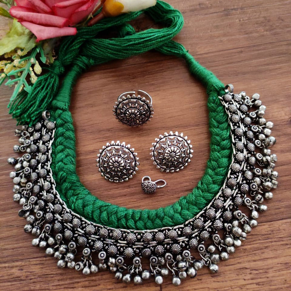 Vaamika Oxidized Plated Choker Necklace Set With , Ring , Nose Ring