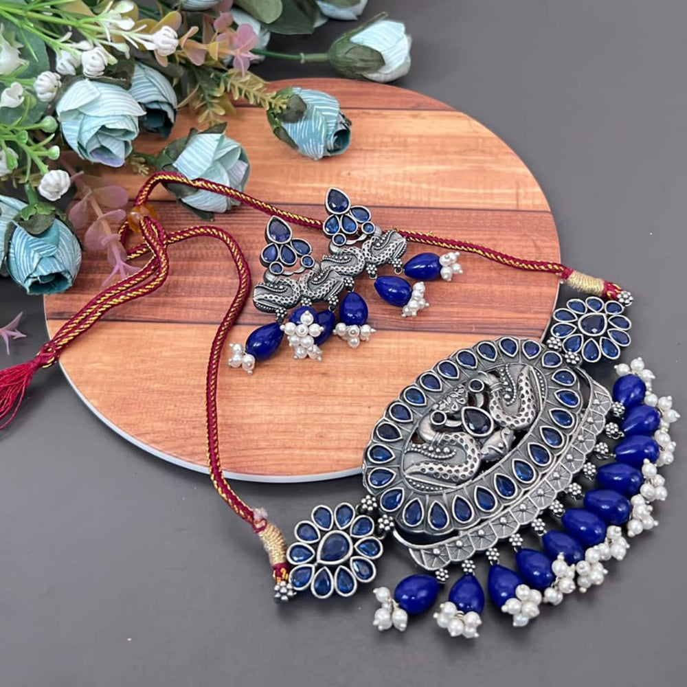 Vaamika Kundan Stone & Beads Silver Plated Choker Necklace Set