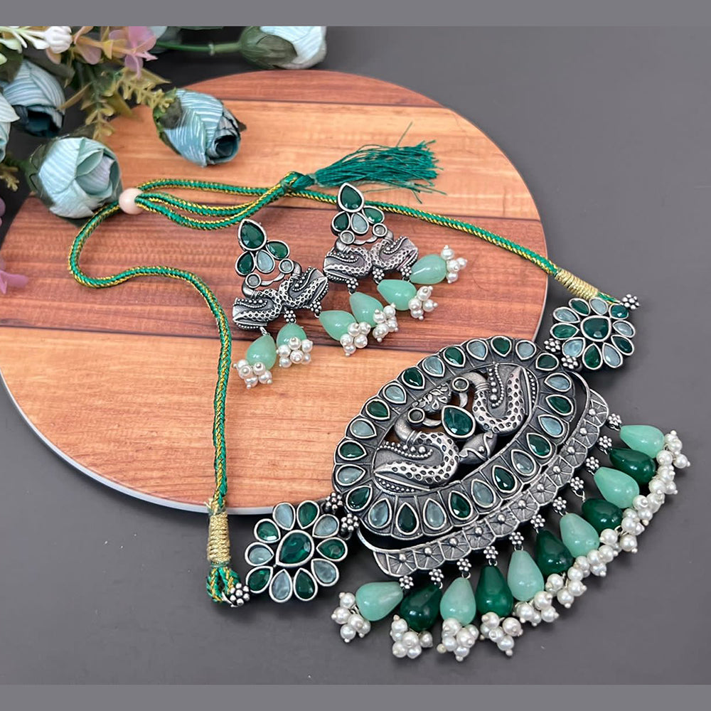 Vaamika Kundan Stone & Beads Silver Plated Choker Necklace Set