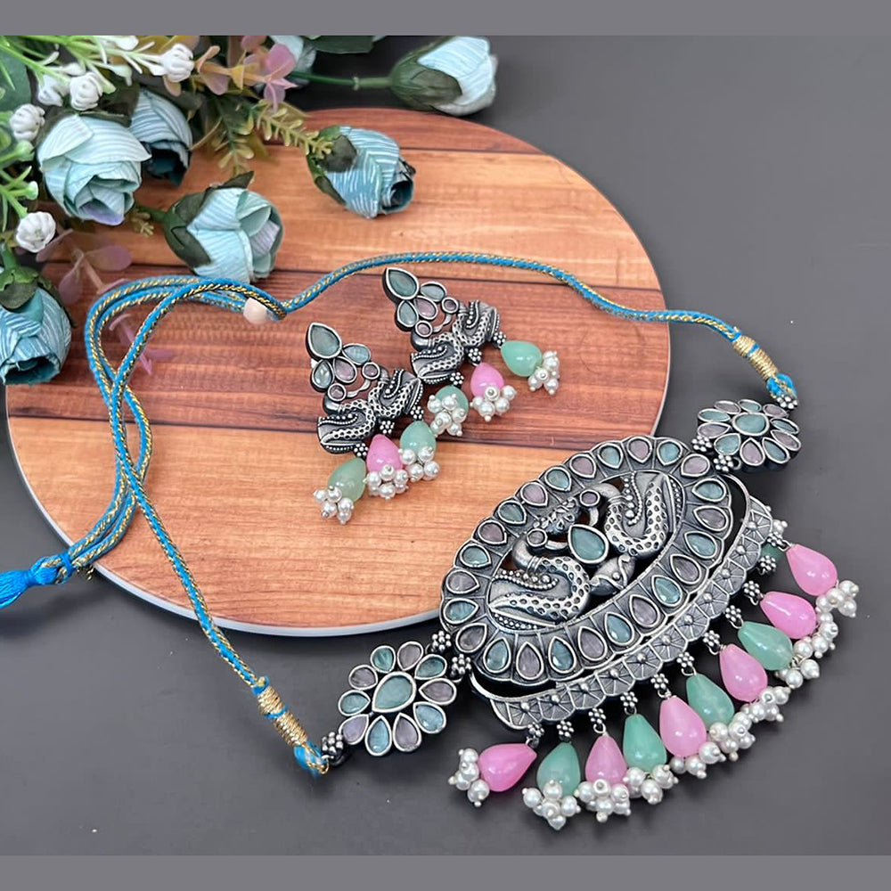 Vaamika Kundan Stone & Beads Silver Plated Choker Necklace Set