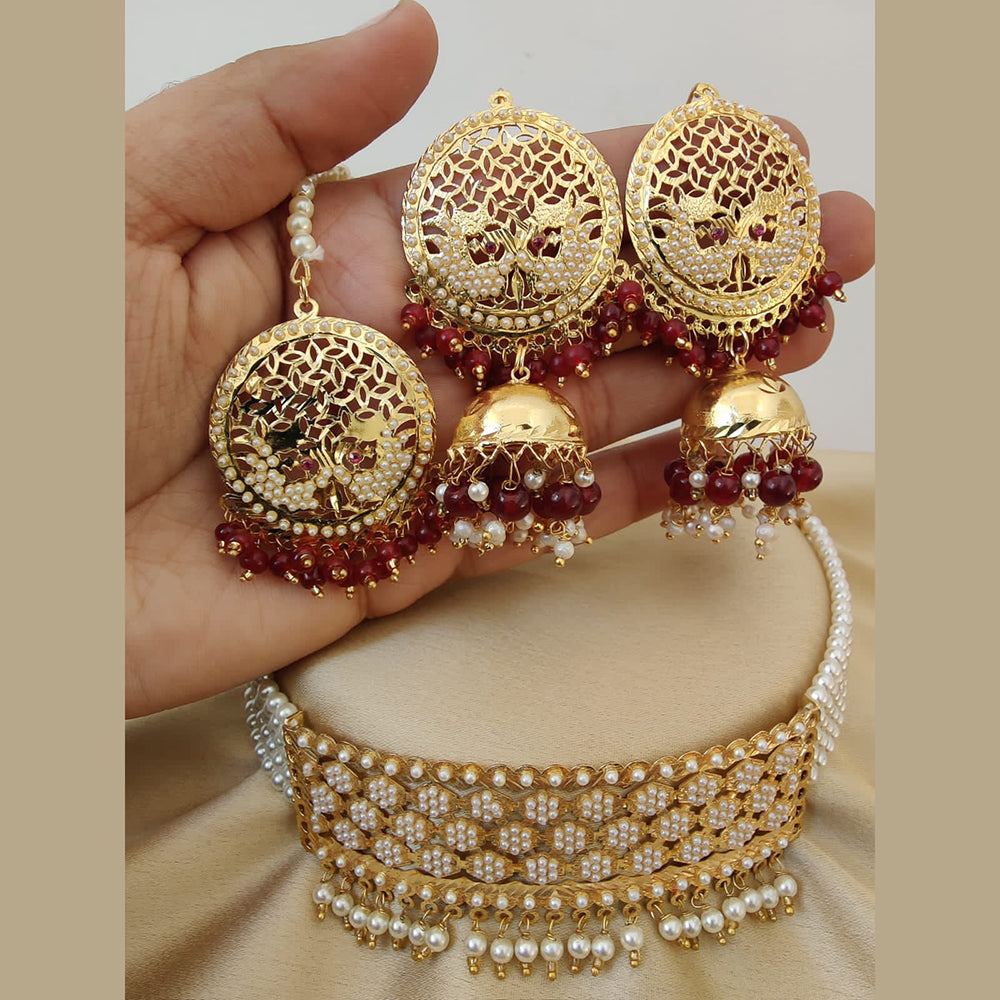 Vaamika Gold Plated Pearl & Beads Choker Necklace Set