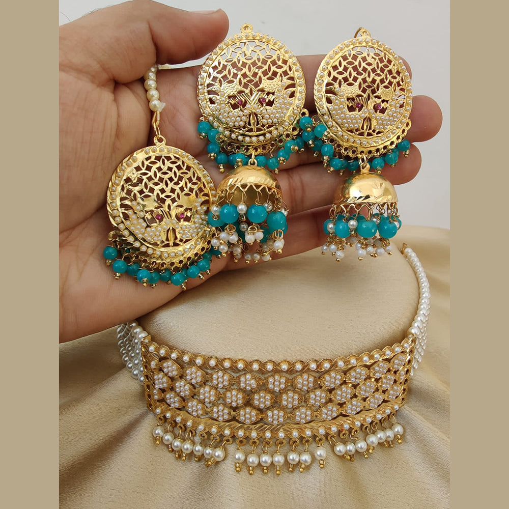 Vaamika Gold Plated Pearl & Beads Choker Necklace Set