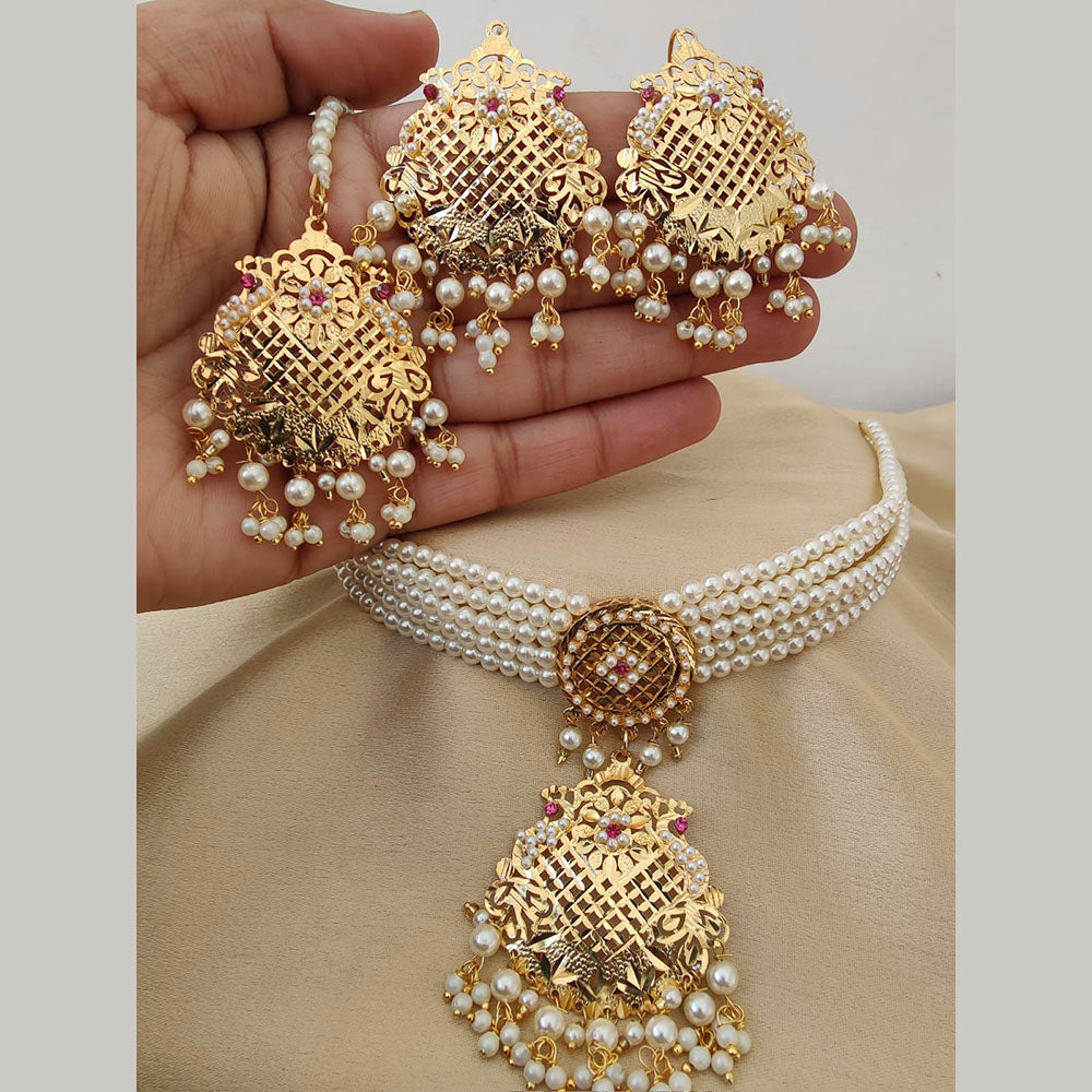 Vaamika Gold Plated Pearl Choker Necklace Set - 10601393