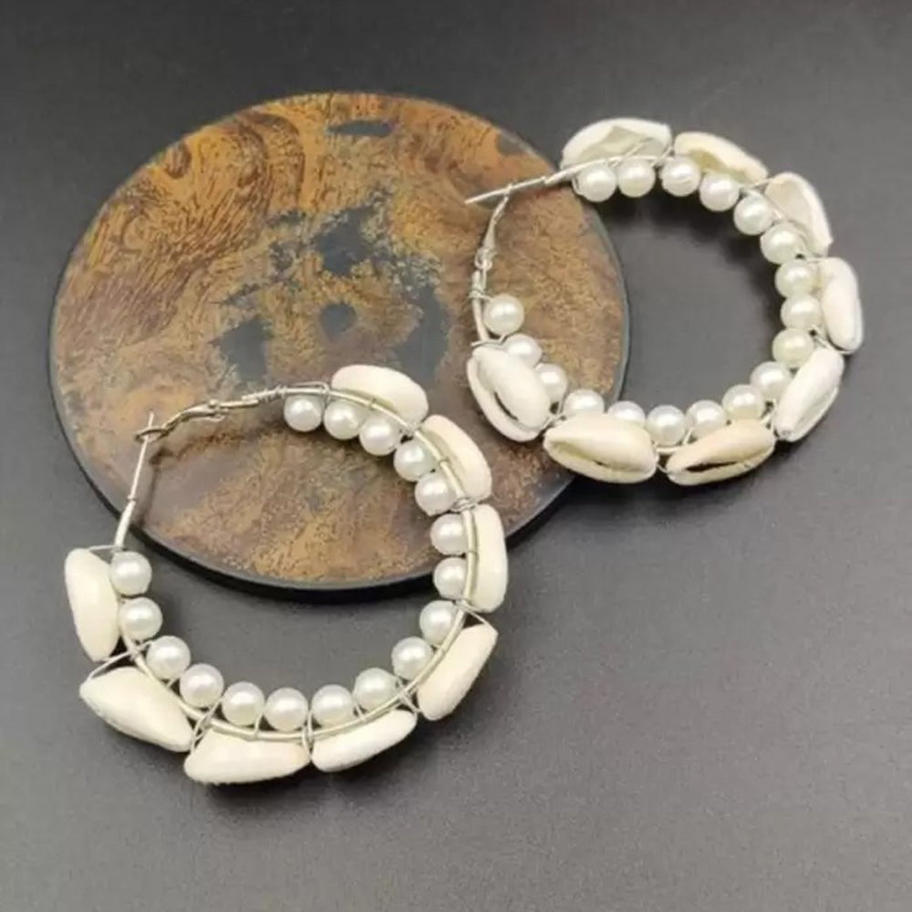 H K Fashion Silver Plated Pearl & Shell Hoop Earrings