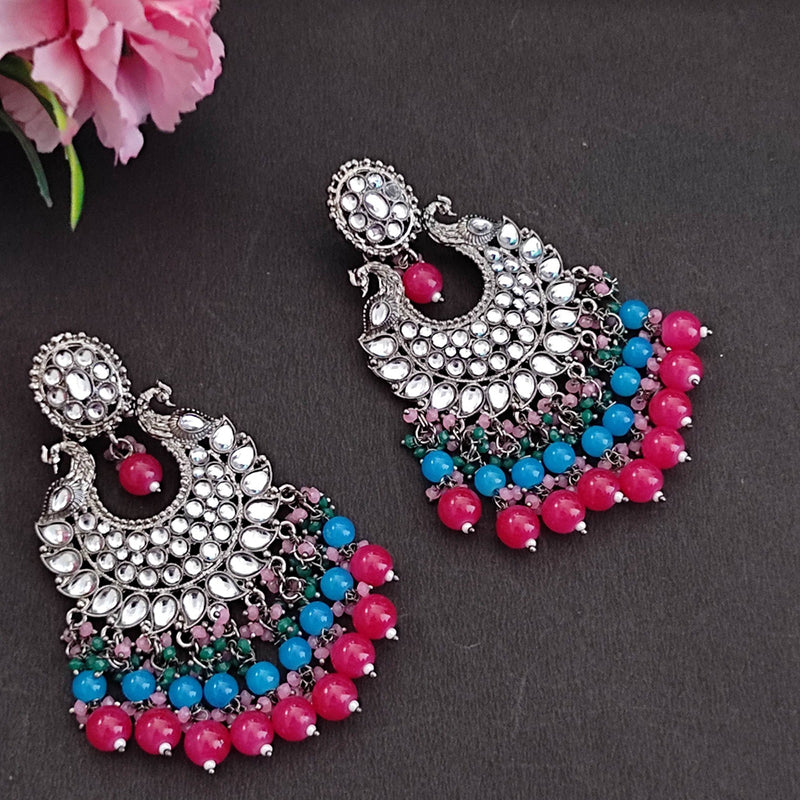 H K Fashion Silver Plated Kundan Stone & Beads Peacock Dangler Earrings
