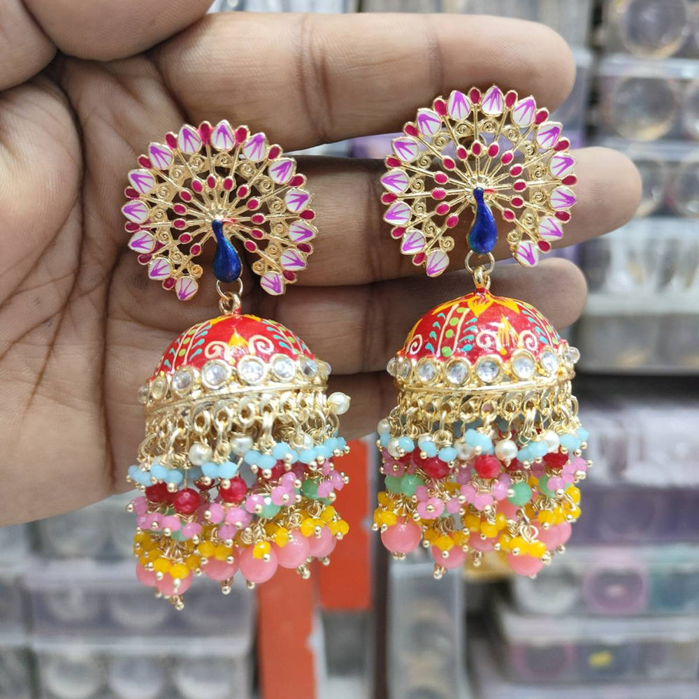 H K Fashion Gold Plated Meenakari Jhumki Earrings