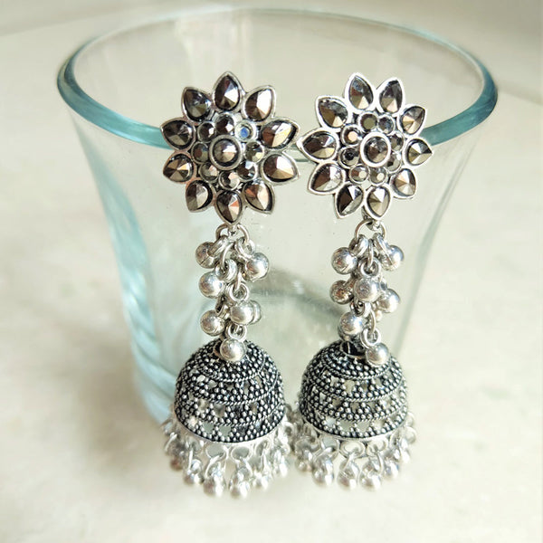 H K Fashion Silver Plated Crystal Stone Jhumki Earrings