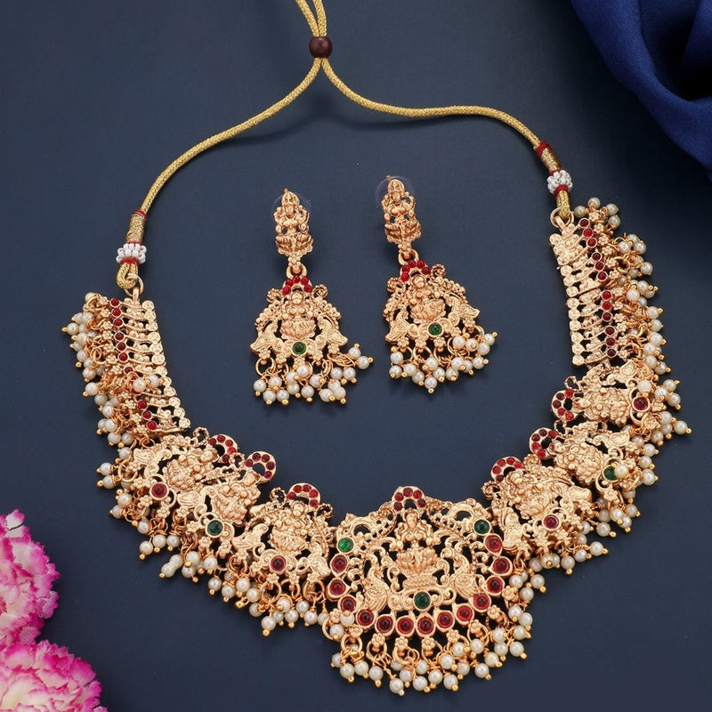 H K Fashion Gold Plated Pota Stone Temple Necklace Set