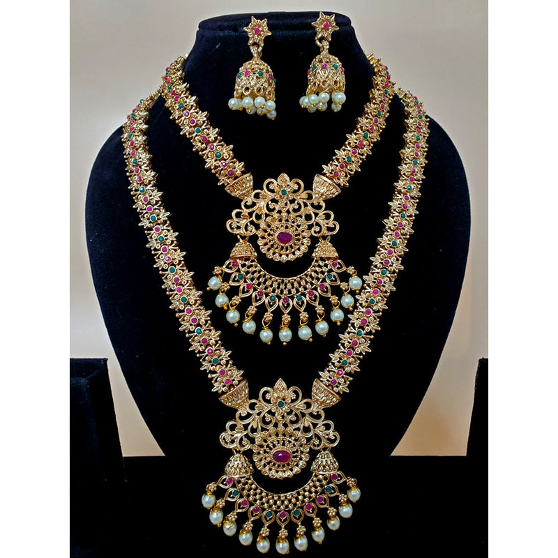 H K Fashion Gold Plated Pota Stone Double Necklace Set