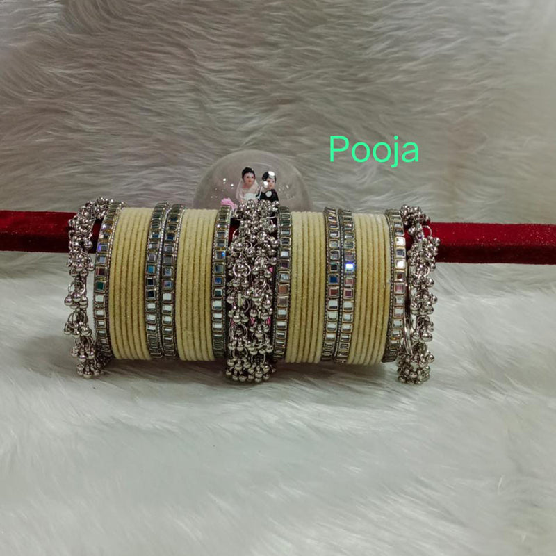 Pooja Bangles Silver Plated Mirror Velvet Bangle Set
