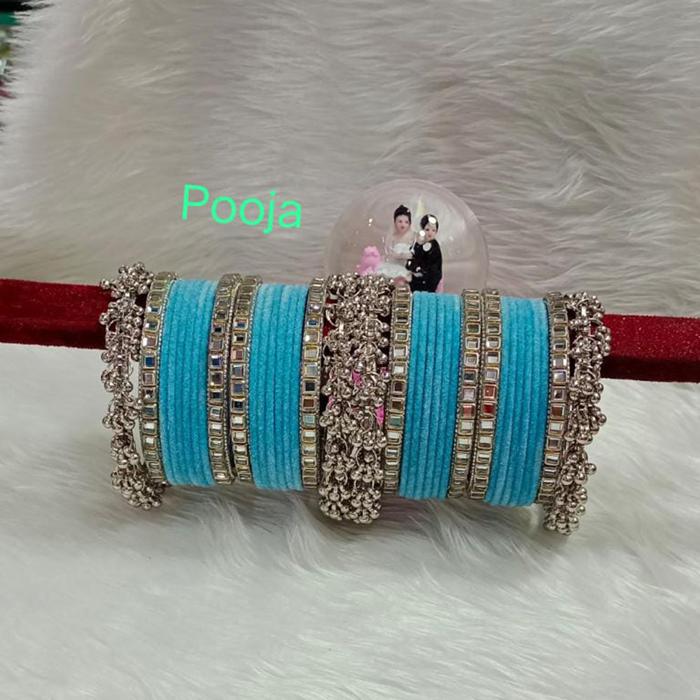 Pooja Bangles Silver Plated Mirror Velvet Bangle Set